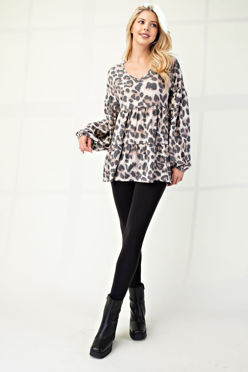 Celeste Full Size Leopard V-Neck Balloon Sleeve Blouse