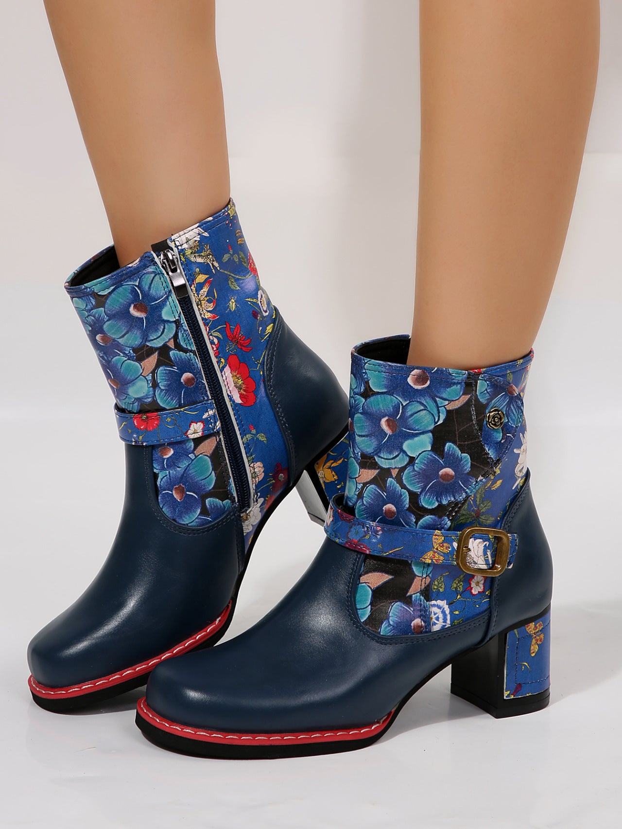 PU Leather Flower Block Heel Boots