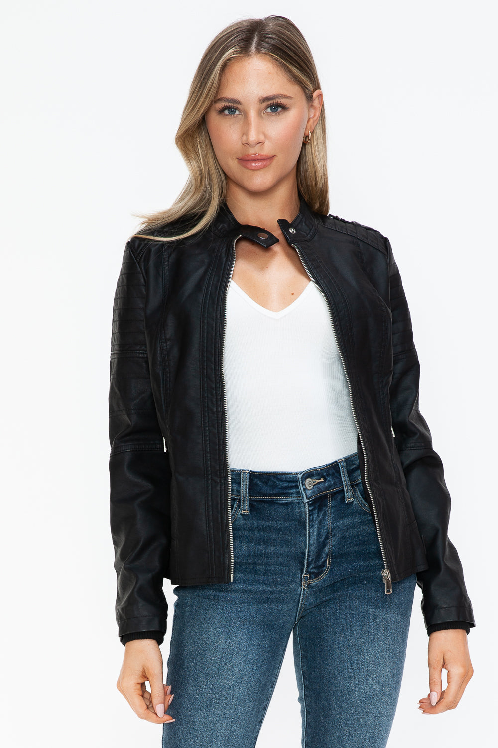 Snobbish PU Leather Biker Jacket with Side Zip Pockets