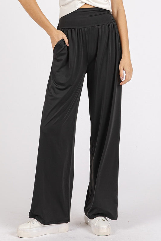 Mittoshop Stretch Banded Waist Wide Leg Pants with Pockets