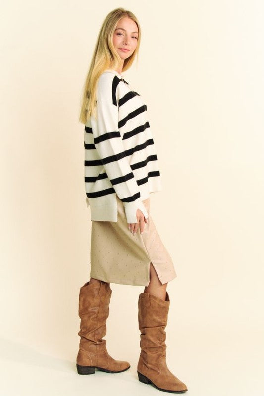 Davi & Dani High-Low Side Slit Striped Johnny Collar Sweater