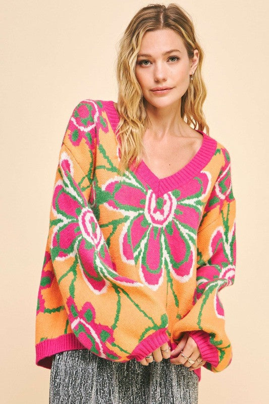 Davi & Dani Floral Contrast V-Neck Dropped Shoulder Sweater