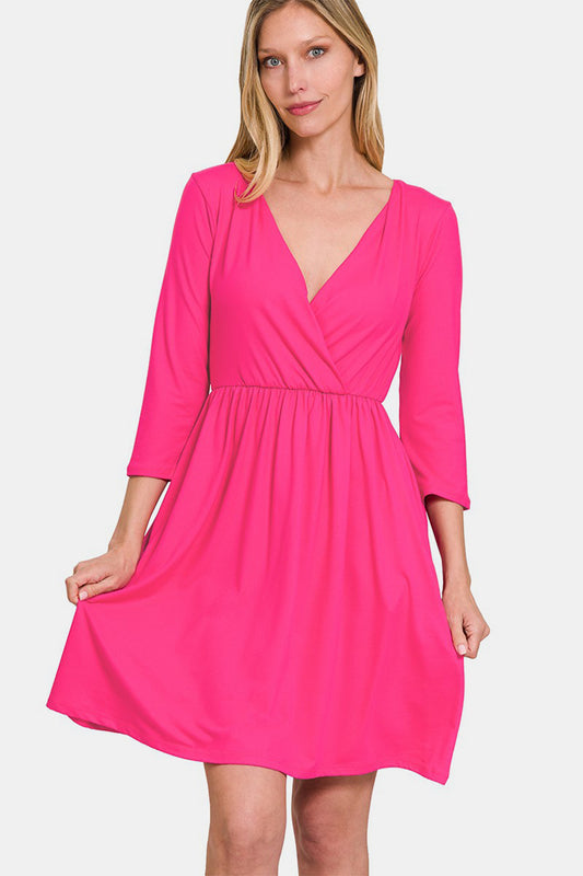 Zenana Three-Quarter Sleeve Surplice Dress with Pockets