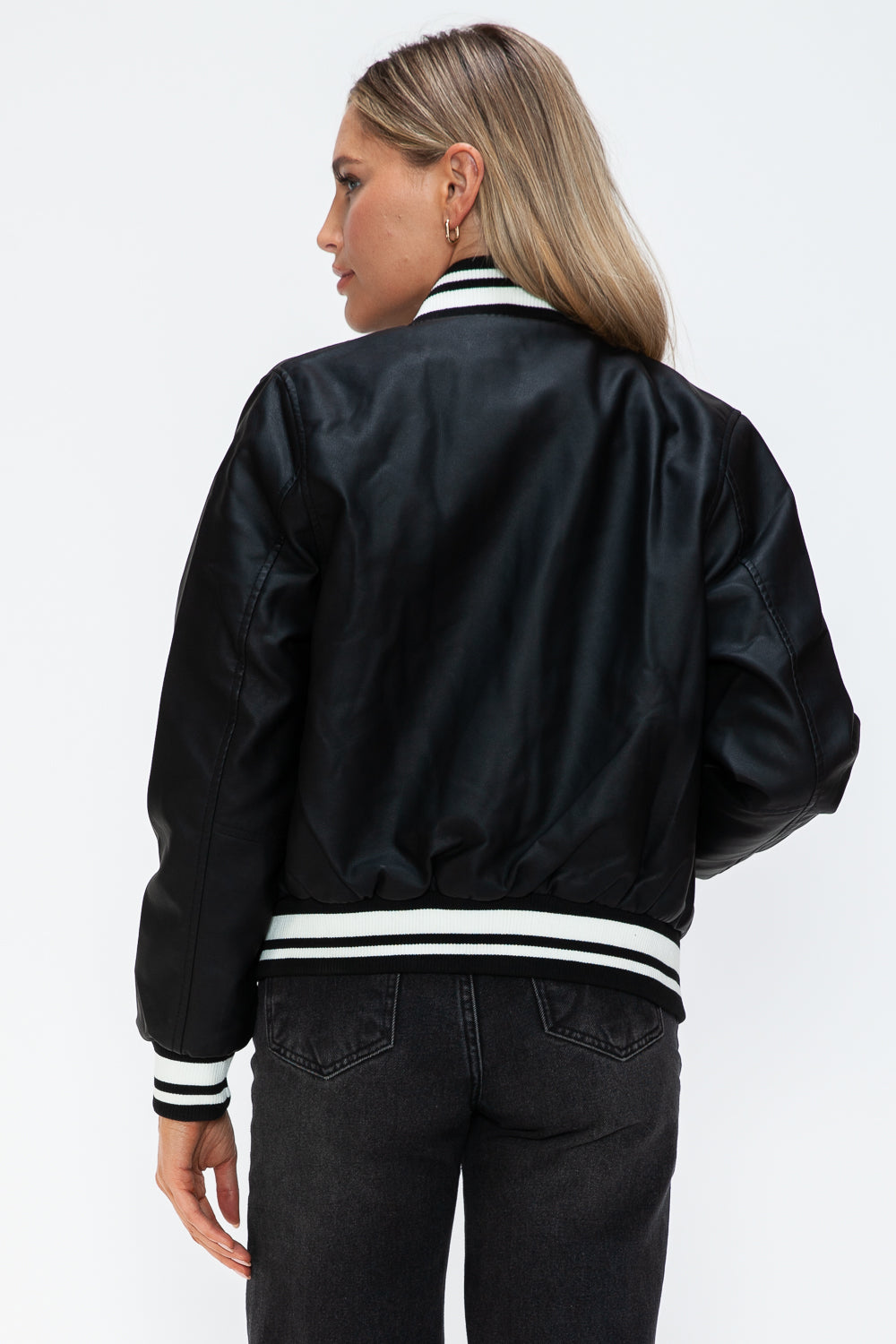 Love Me Now PU Leather Contrast Snap Down Bomber Jacket