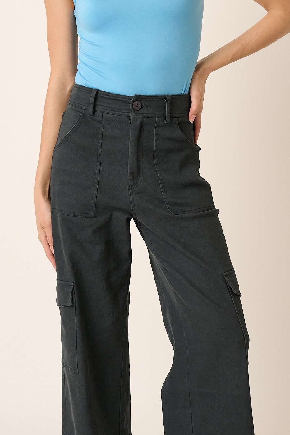 Mittoshop Wide Leg High Waist Pants with Cargo Pockets