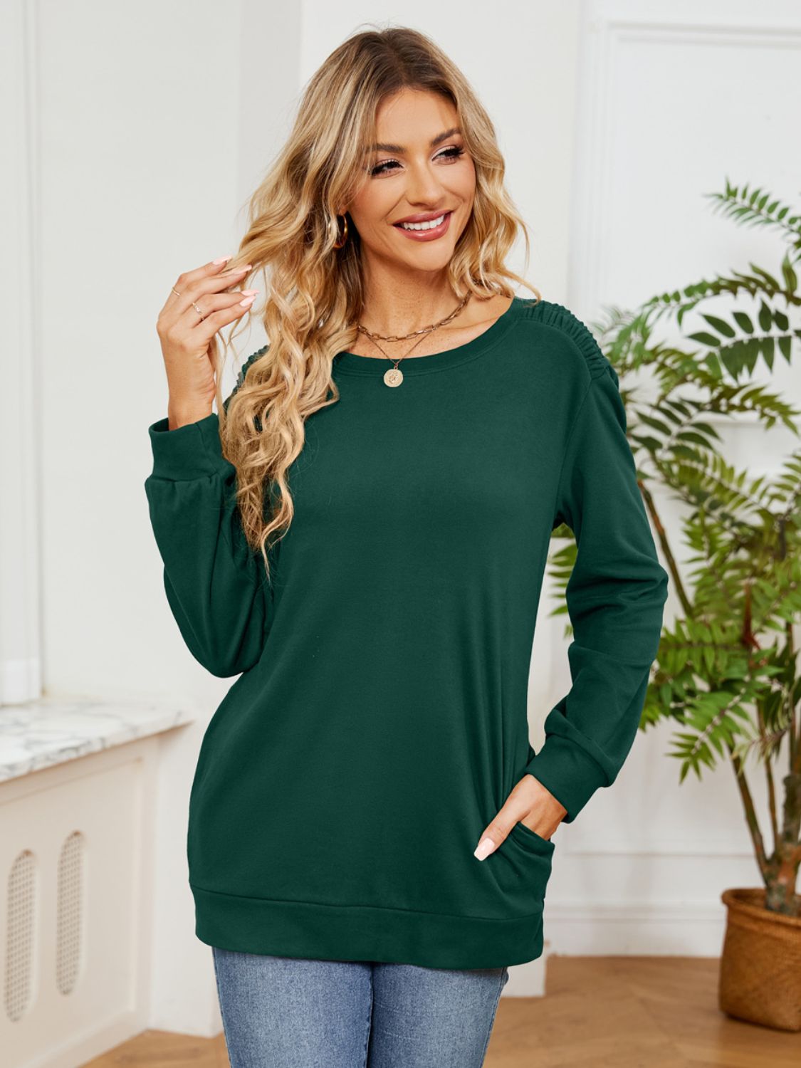 Ruched Shoulder Round Neck Long Sleeve Sweatshirt