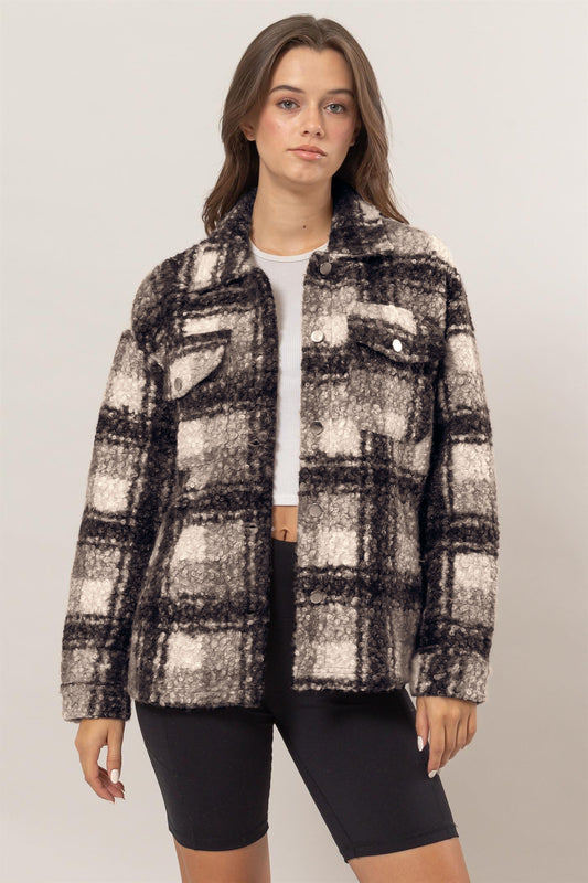 HYFVE Plaid Button Up Boucle Jacket